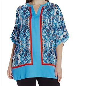 (Size 1X, 2X) Rafaella Blue Printed Slit Neck Top